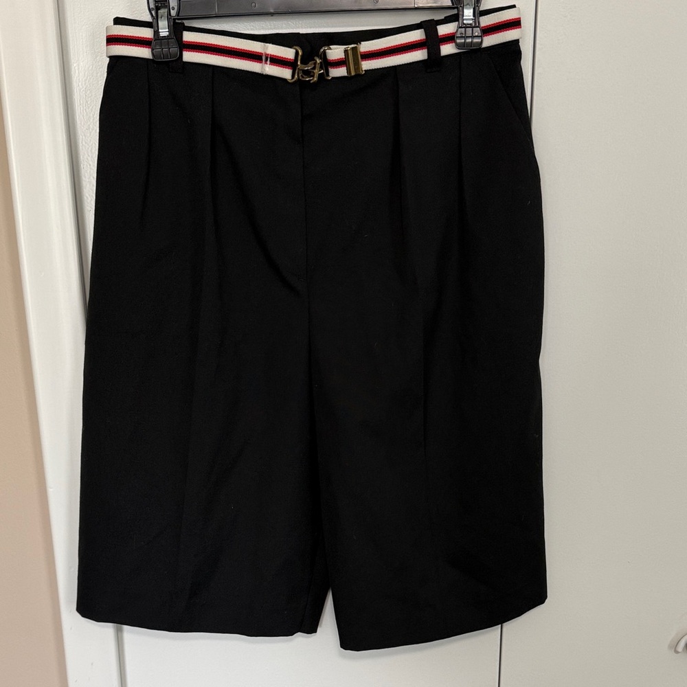 Ladies' High-Waist Black Pleated culottes with Striped Webbing Belt